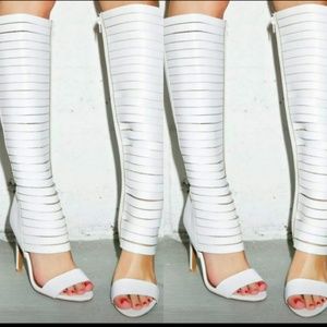 White knee high peep toe heels